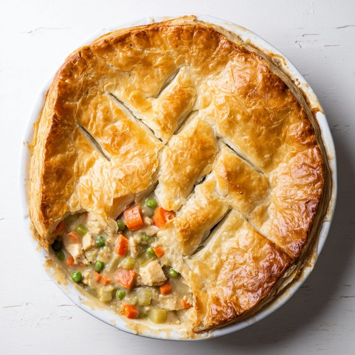 Golden homemade chicken pot pie with flaky pastry crust and steam rising from the center
