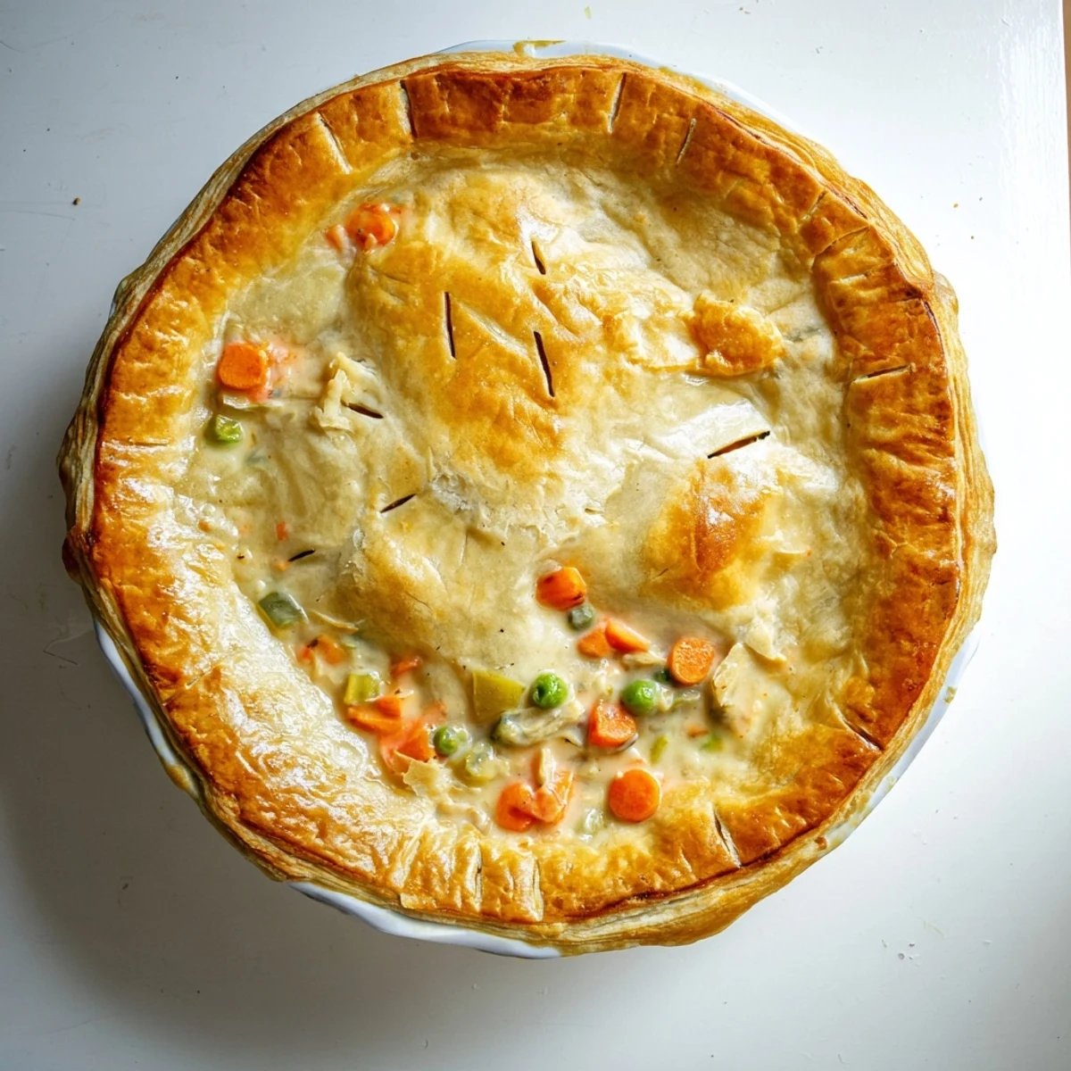 Savory pot pie baked to golden perfection with creamy chicken vegetable filling under buttery crust