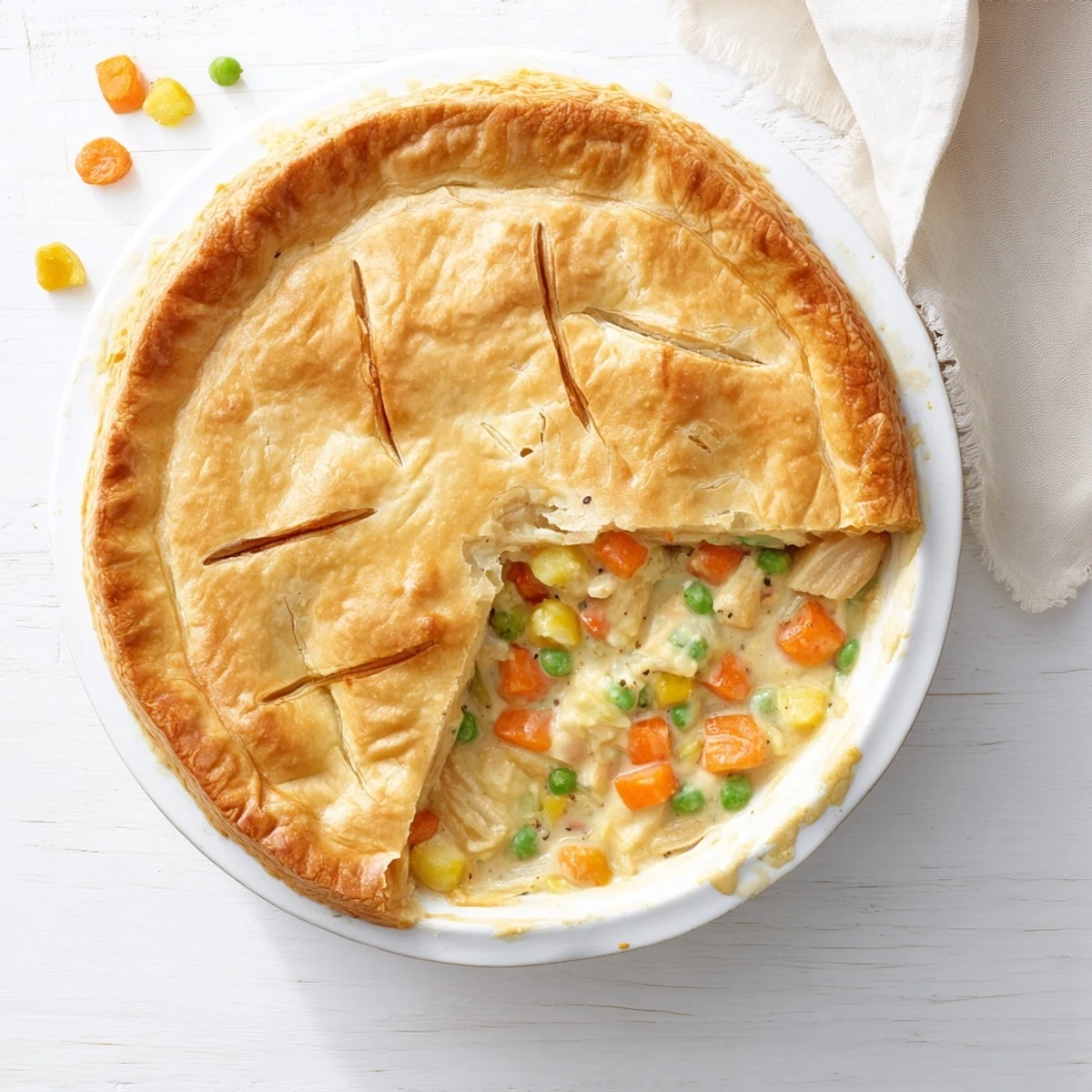 Comforting pot pie served fresh from oven with tender chunks of chicken and carrots in sauce
