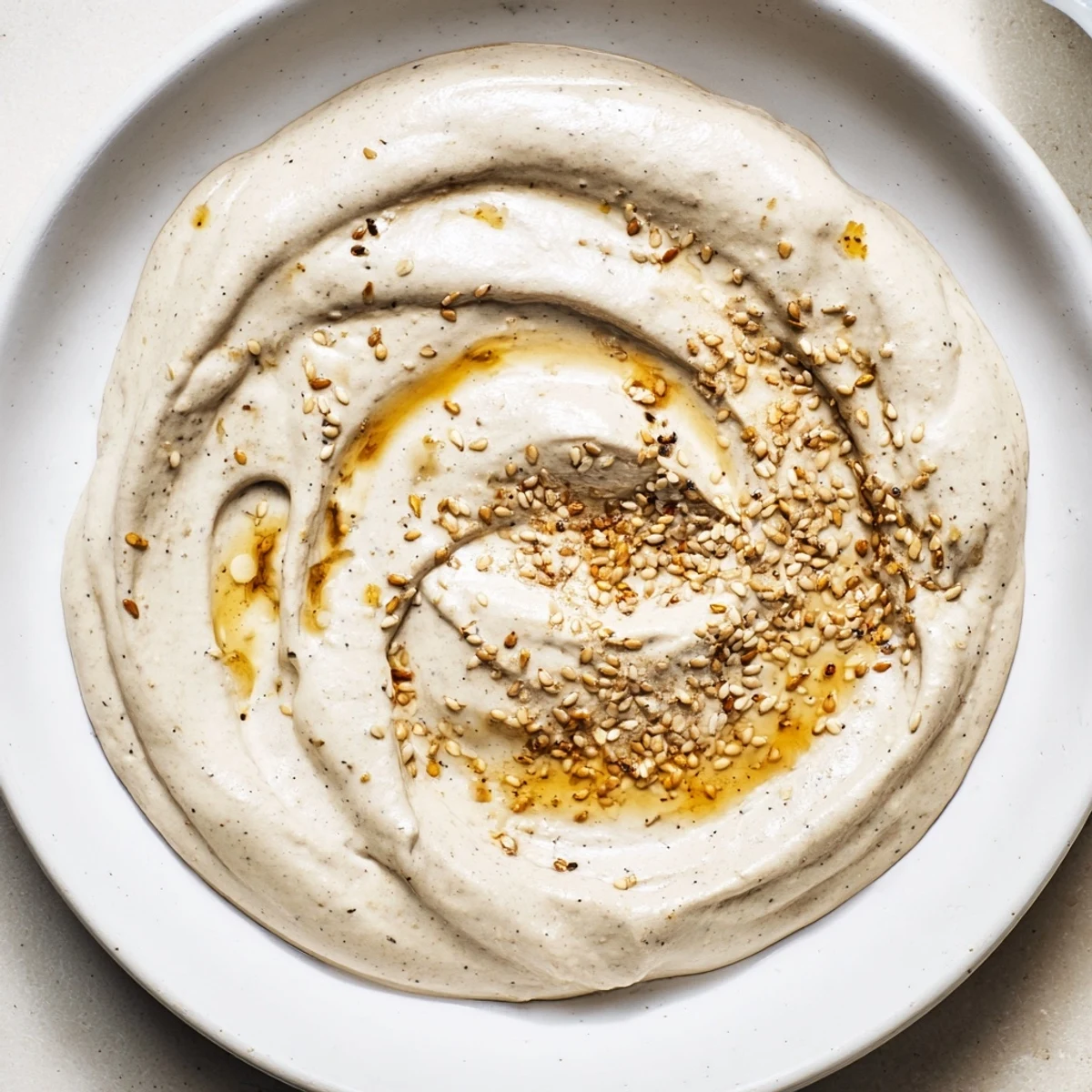 Creamy sesame dressing drizzled over fresh green salad in a white bowl.