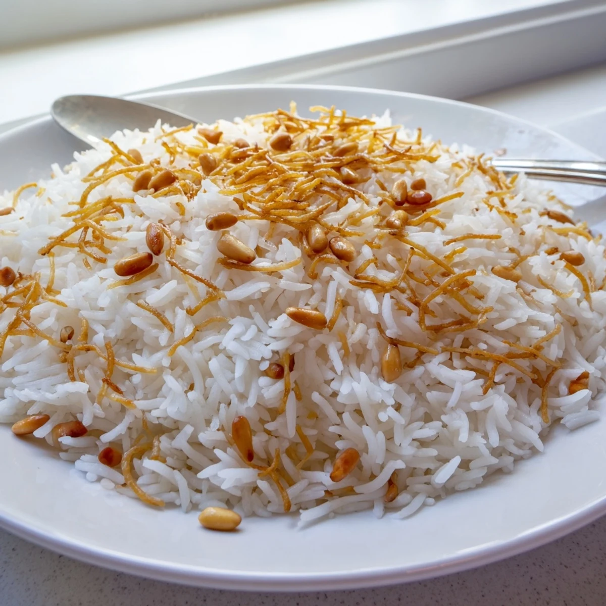 Steaming bowl of buttery Lebanese Rice studded with browned vermicelli noodles ready to serve