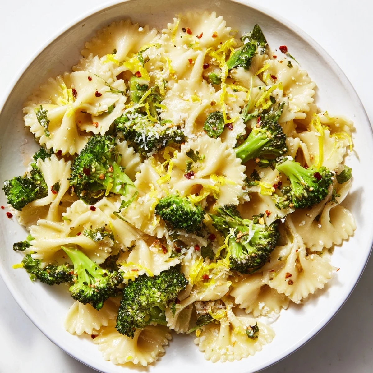 Steaming plate of mafaldine limone broccoli pasta topped with grated Parmigiano and fresh herbs