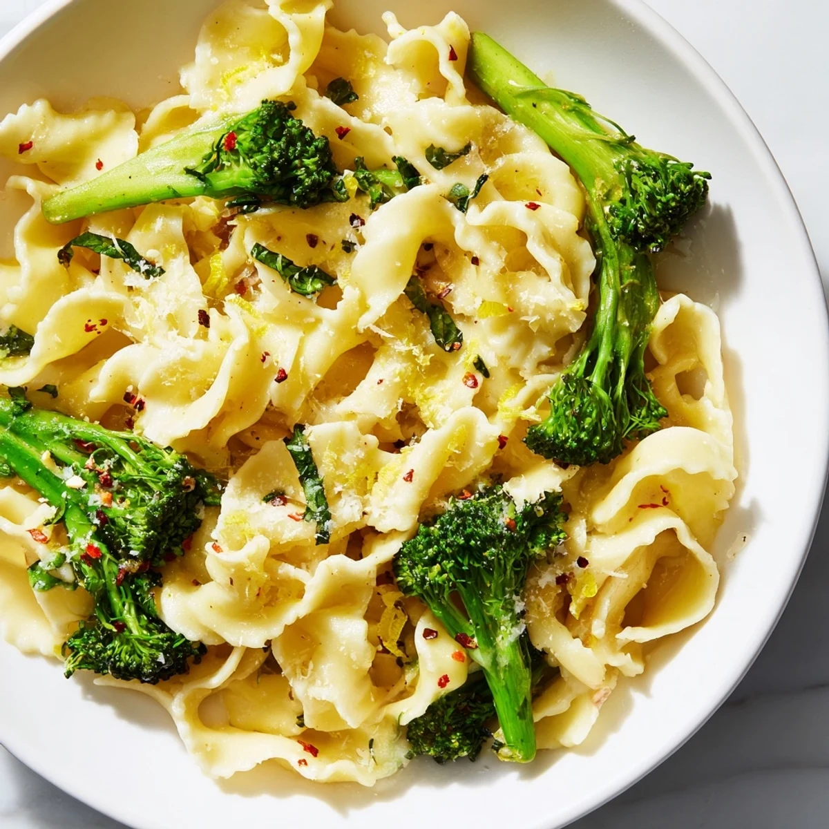 Ribbons of mafaldine limone broccoli pasta glistening with olive oil, lemon zest, and tender green florets