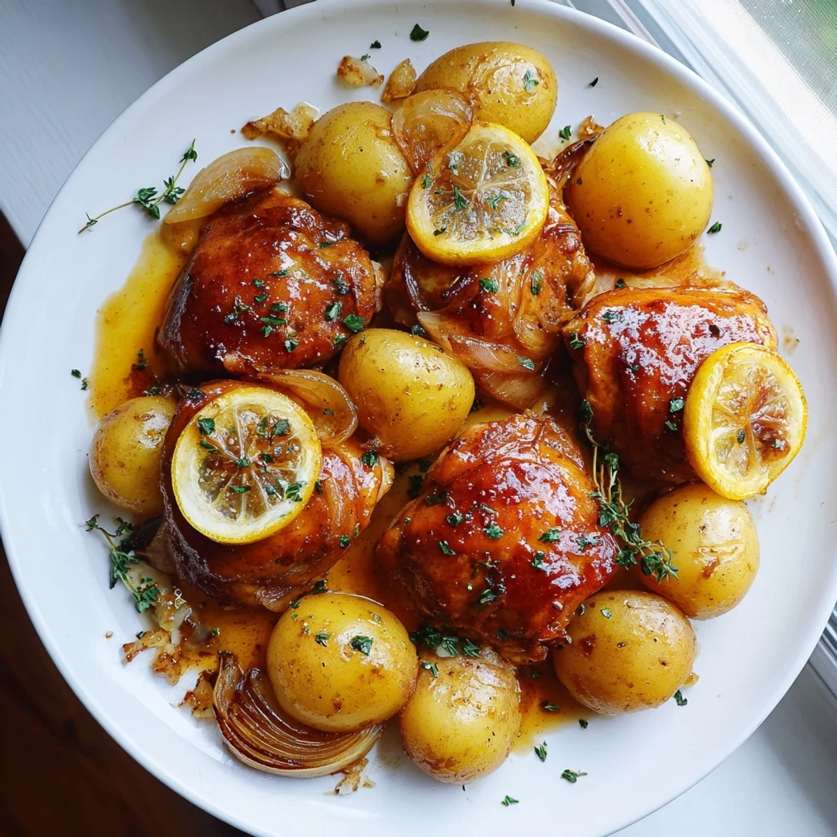 Crispy baked honey lemon chicken and potatoes glistening with golden pan juices on a rustic sheet pan