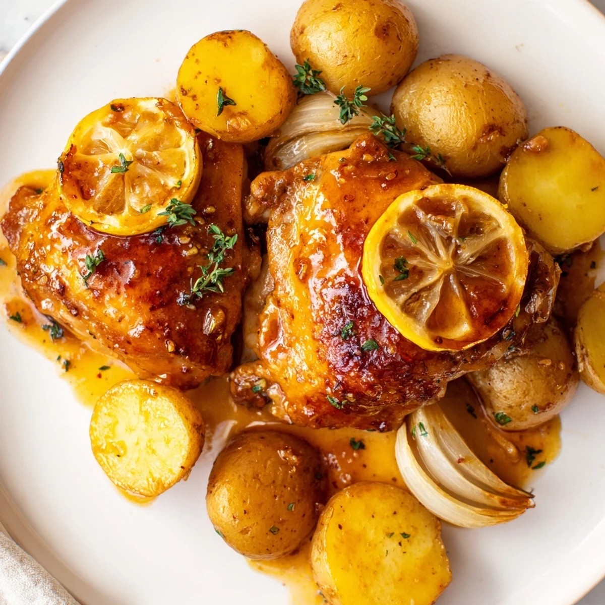 Juicy baked honey lemon chicken and potatoes drizzled in a tangy sweet sauce fresh from the oven
