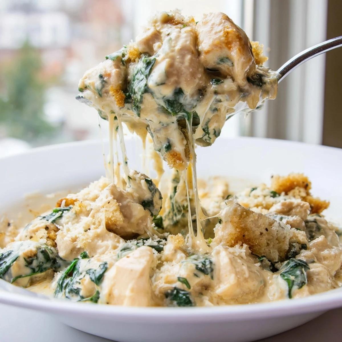 Creamy chicken spinach casserole with bubbling golden cheese and tender bites straight from the oven