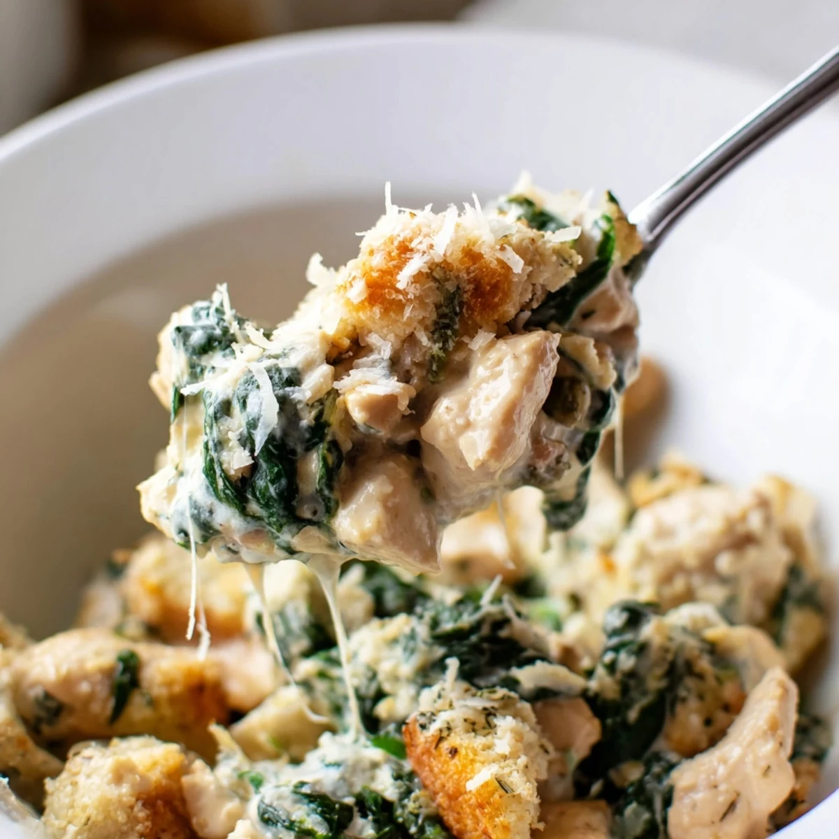 A warm scoop of creamy chicken spinach casserole topped with melted mozzarella and crispy breadcrumbs