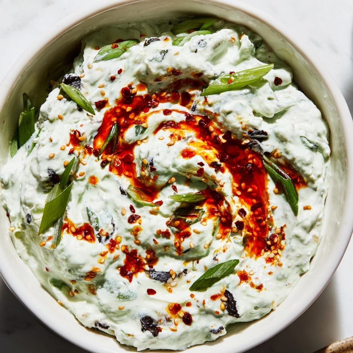 Creamy charred scallion and chili crisp dip topped with a spicy swirl