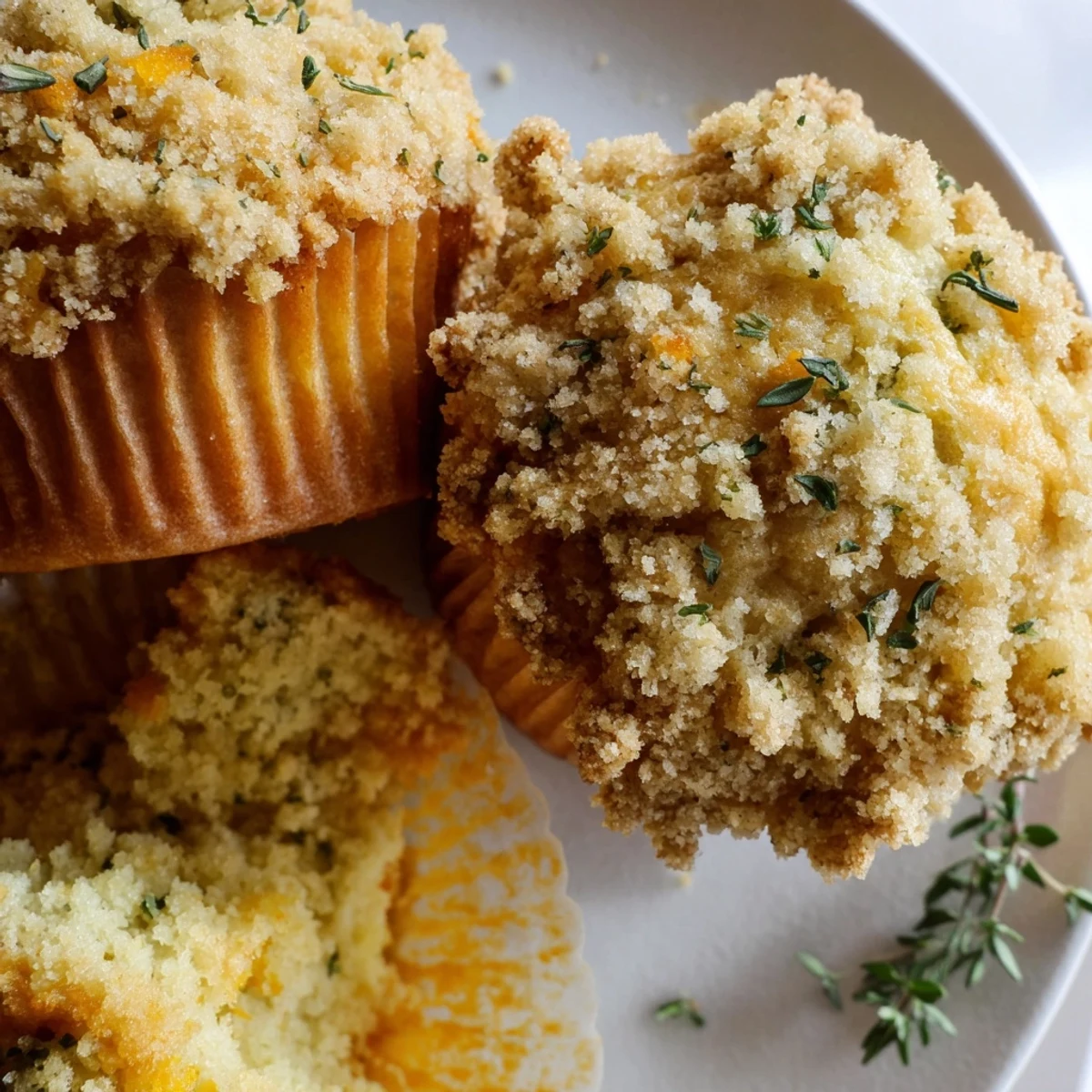 Golden lemon orange honey muffins topped with herb-flecked thyme crumble on a rustic baking sheet.