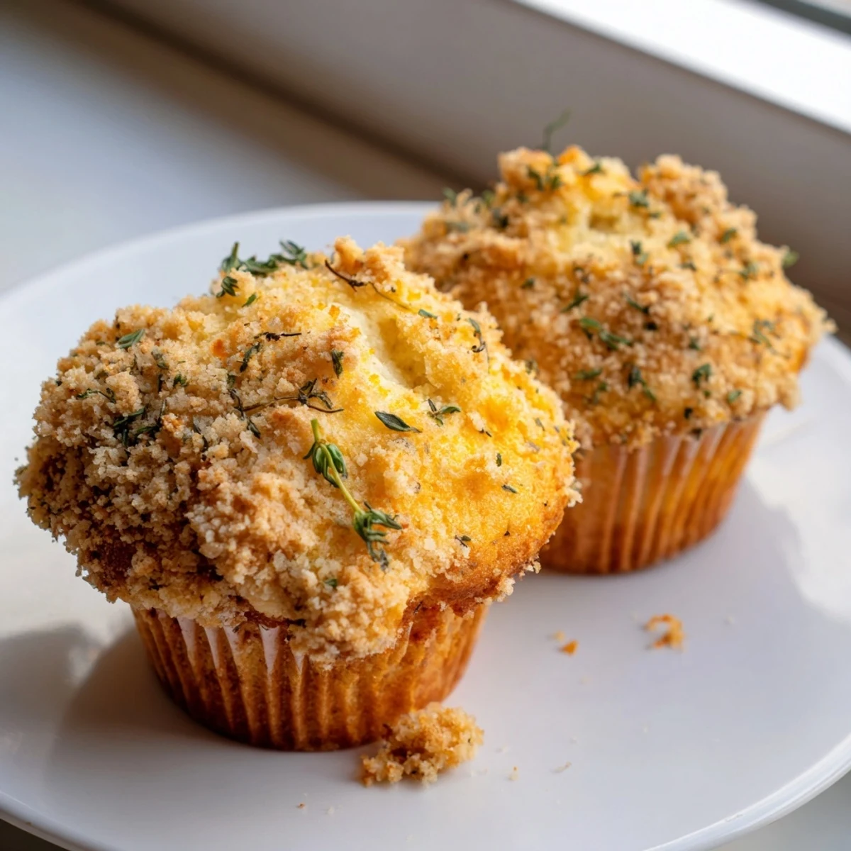 Warm lemon orange honey muffins with thyme crumble served on a glazed ceramic breakfast plate.