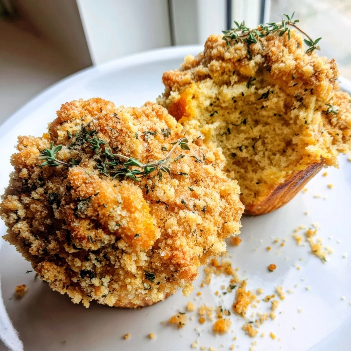 Fluffy lemon orange honey muffins crowned with savory thyme crumble beside a steaming cup of tea.