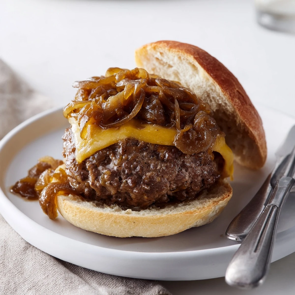 Juicy smothered hamburger steak sandwiches dripping with savory onion gravy on toasted buns