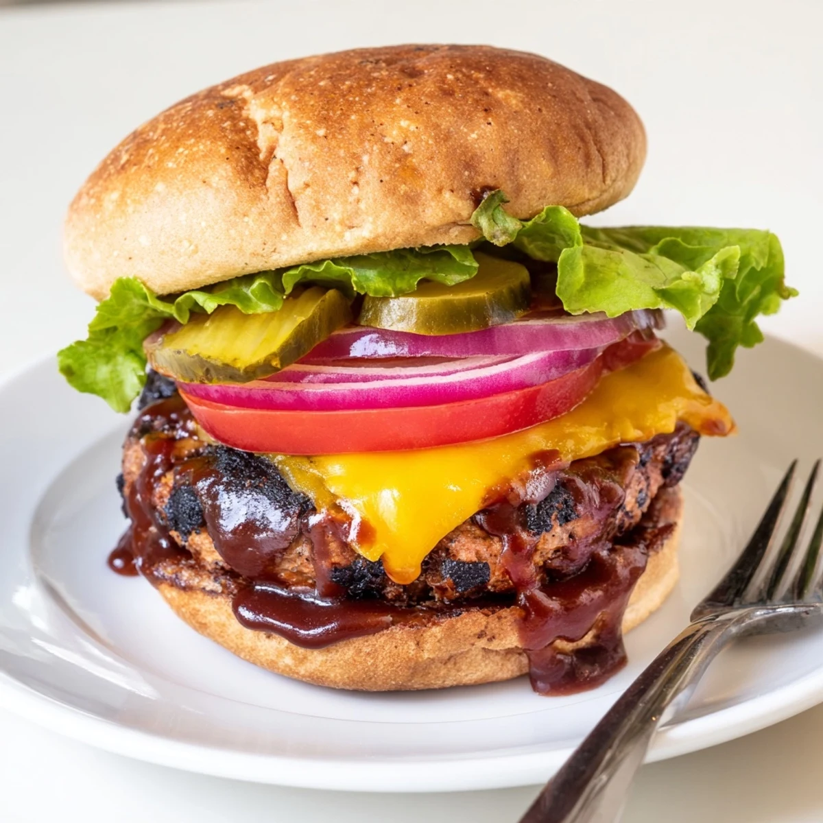 Juicy coffee rub burgers with smoky BBQ sauce on a toasted bun with melted cheddar