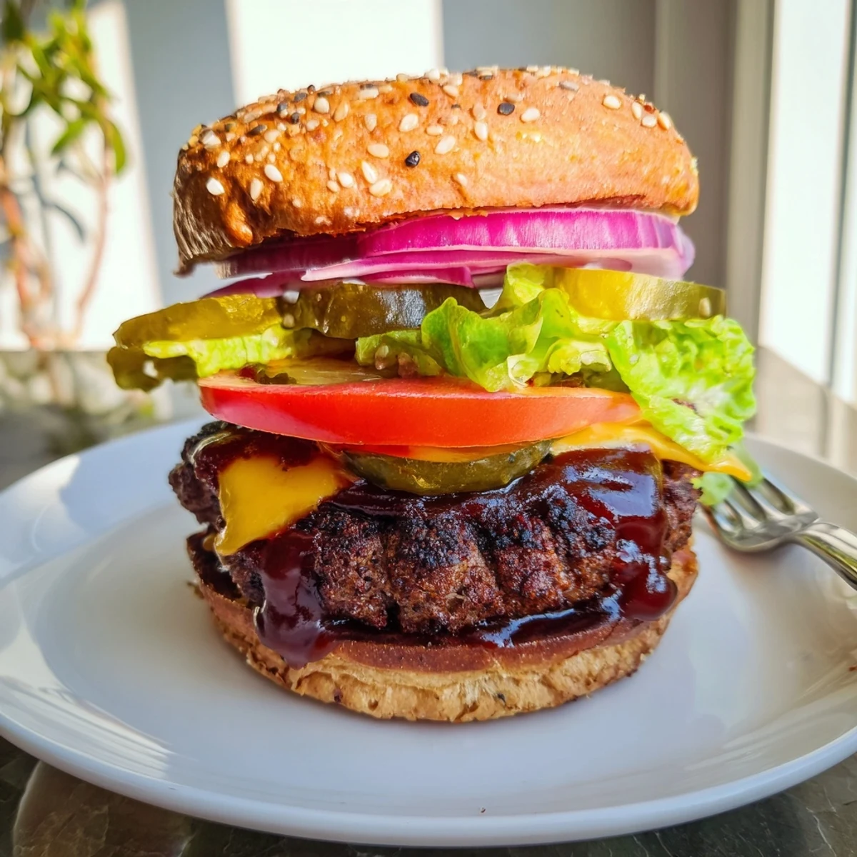 Coffee rub burgers topped with rich smoky BBQ sauce lettuce and crisp red onion