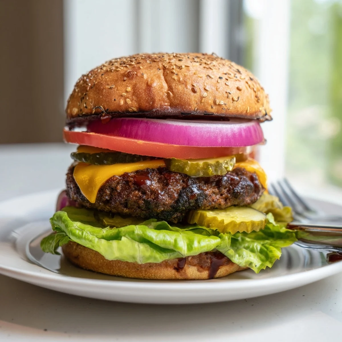 Grilled coffee rub burgers dripping with smoky BBQ sauce served on a rustic wooden board