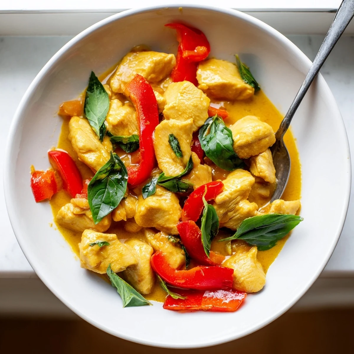 Creamy basil chicken with coconut curry sauce served over steamed jasmine rice