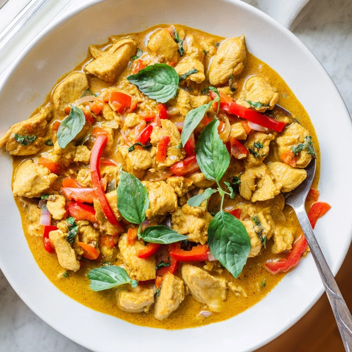 Tender basil chicken in coconut curry sauce topped with bright basil leaves