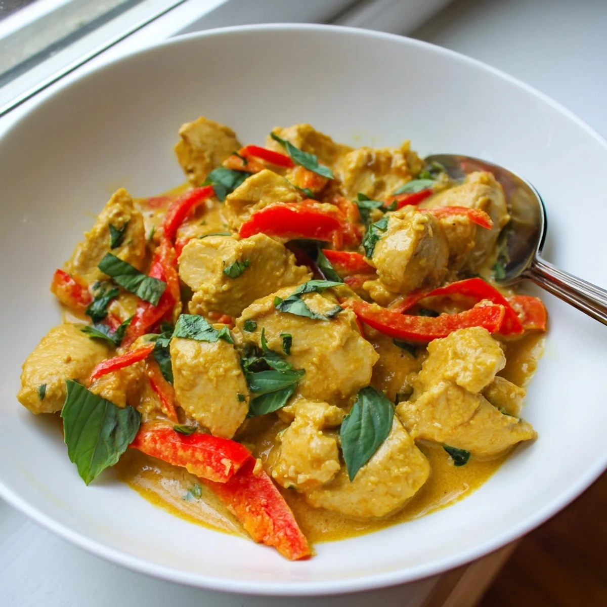 Golden basil chicken simmered in rich coconut curry sauce with fresh herbs