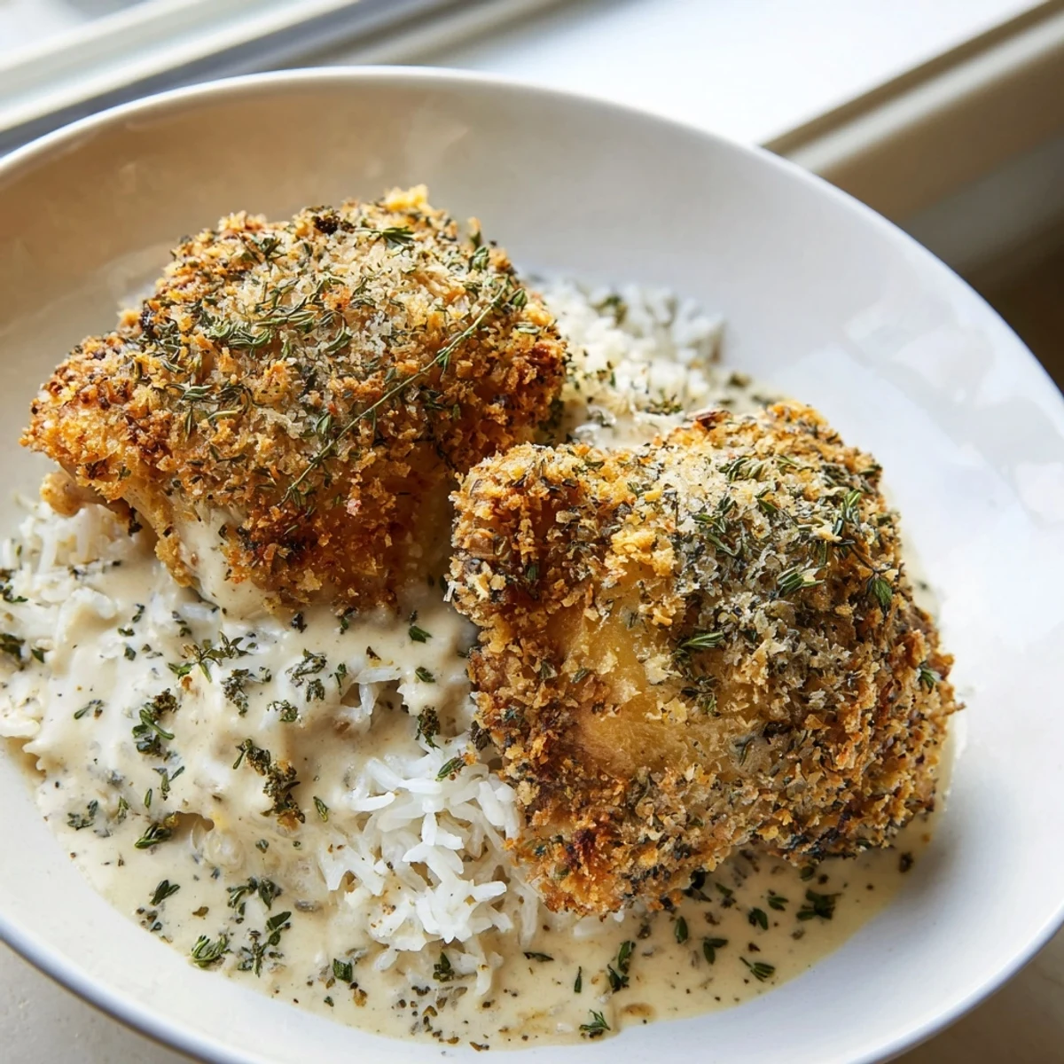 Golden herb crusted chicken thighs nestled in creamy garlic sauce over steamed white rice