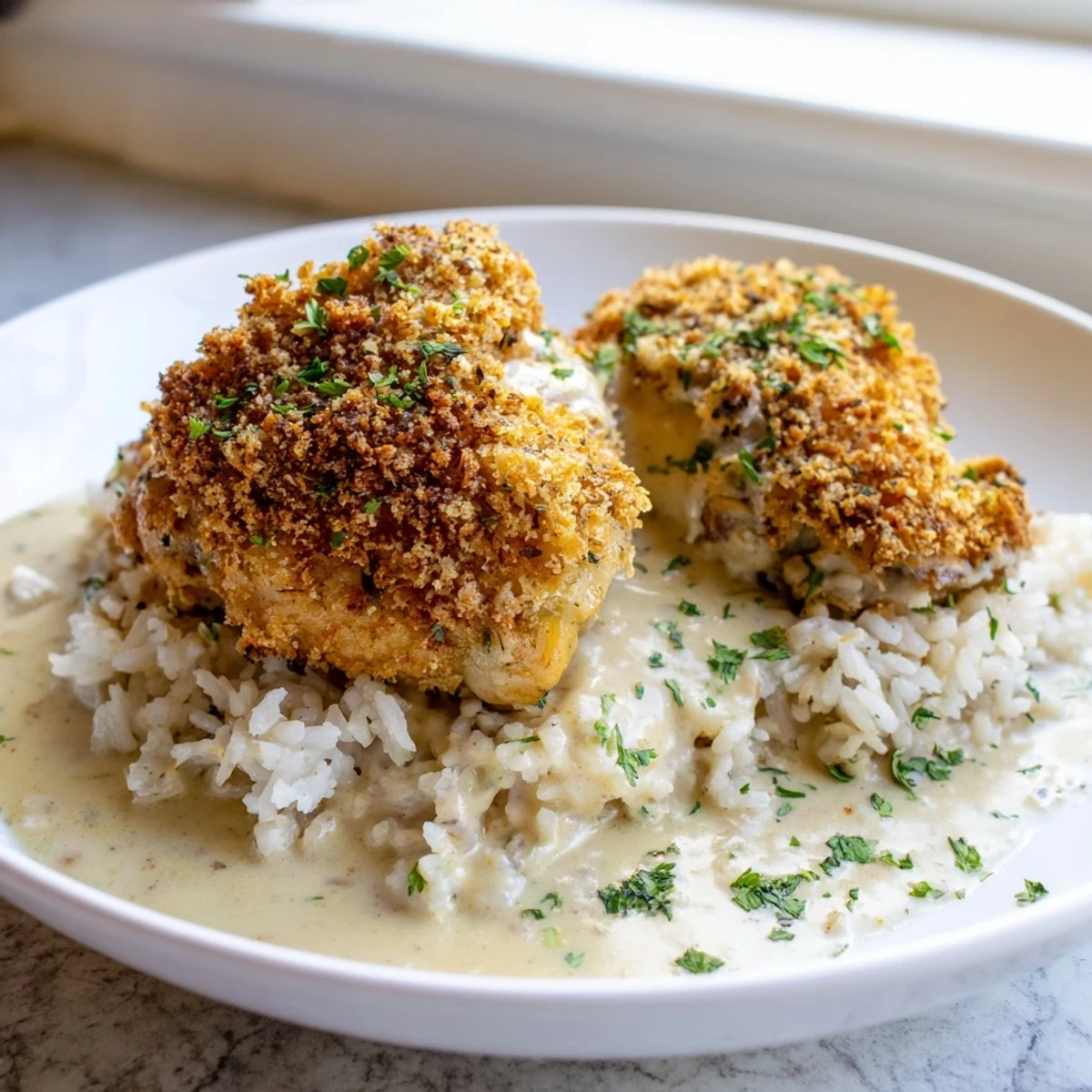 Crispy herb crusted chicken thighs drizzled with rich, creamy garlic Parmesan sauce and fluffy rice