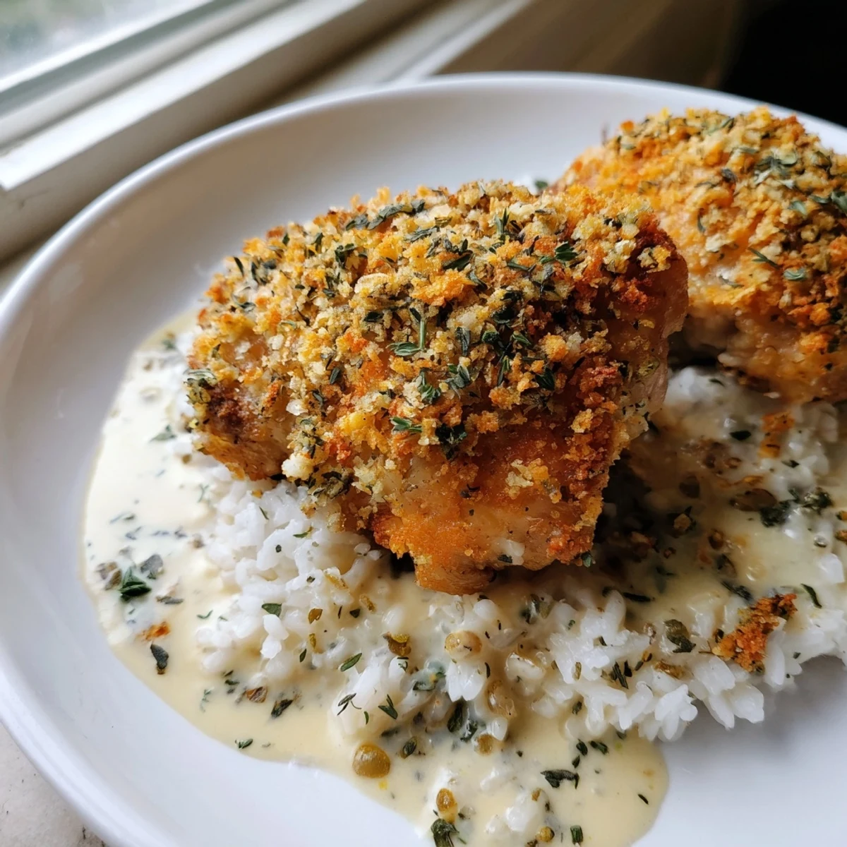 Perfectly browned herb crusted chicken thighs swimming in a velvety garlic cream sauce alongside tender rice