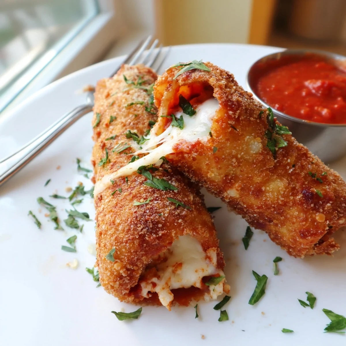 Crispy air fryer lasagna fritta with golden breadcrumbs served beside warm marinara sauce