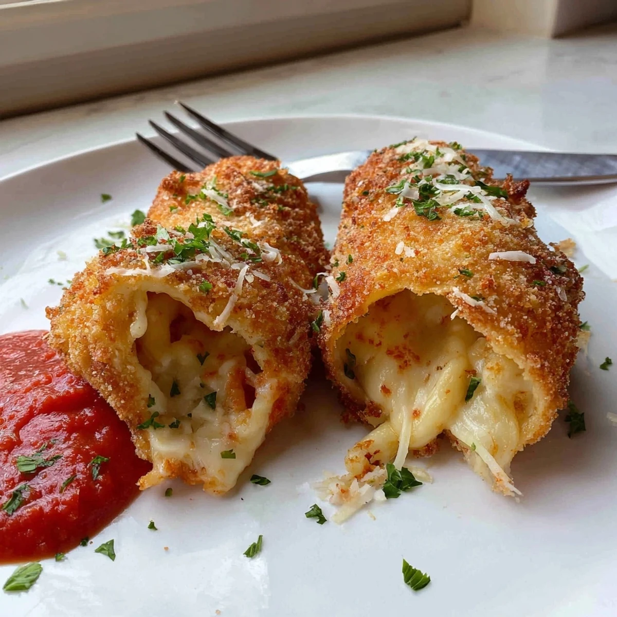 Breaded air fryer lasagna fritta rolls garnished with fresh parsley on a rustic serving plate