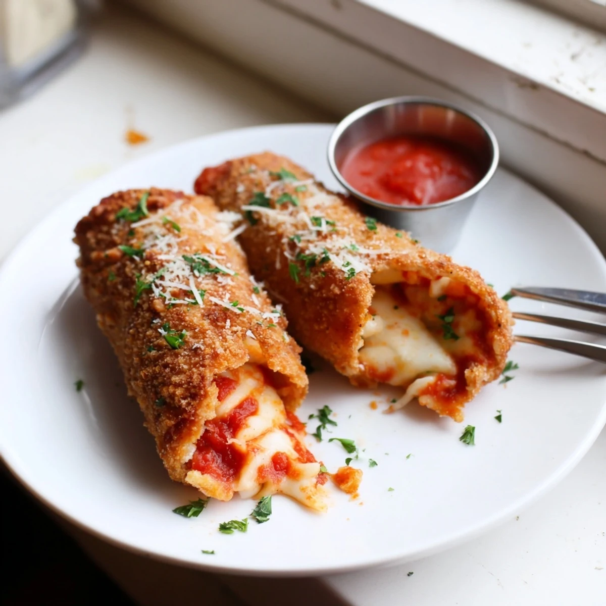 Air fryer lasagna fritta cut open to reveal creamy ricotta and melted mozzarella filling