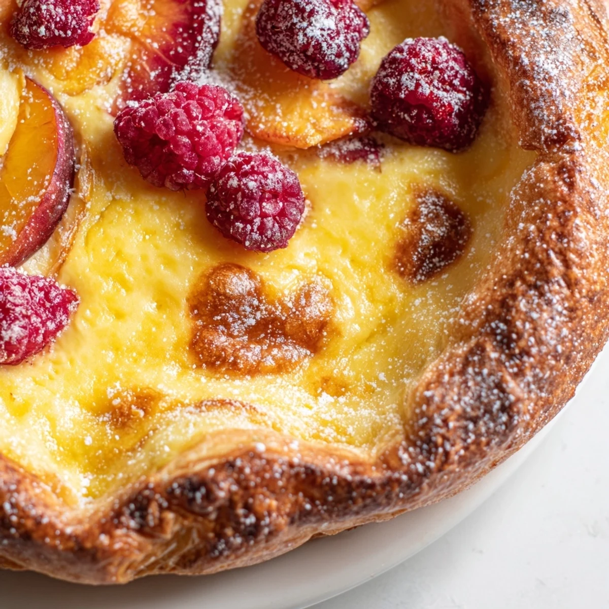 Golden baked custard brioche pizza sliced and dusted with powdered sugar on rustic parchment