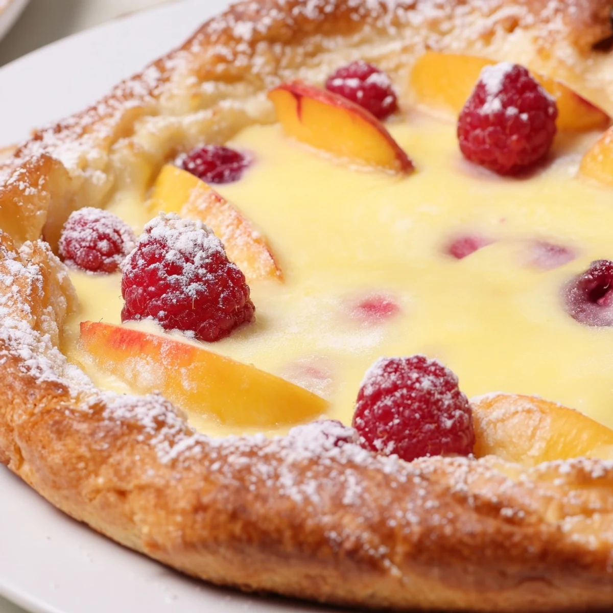 Thick slice of baked custard brioche pizza showing pillowy dough and caramelized golden crust