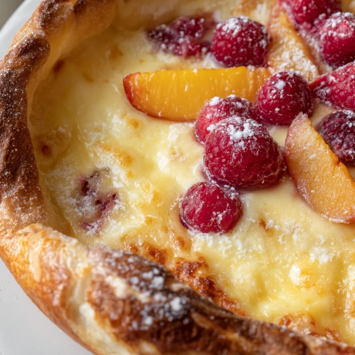 Warm baked custard brioche pizza topped with glossy vanilla custard and fresh summer berries
