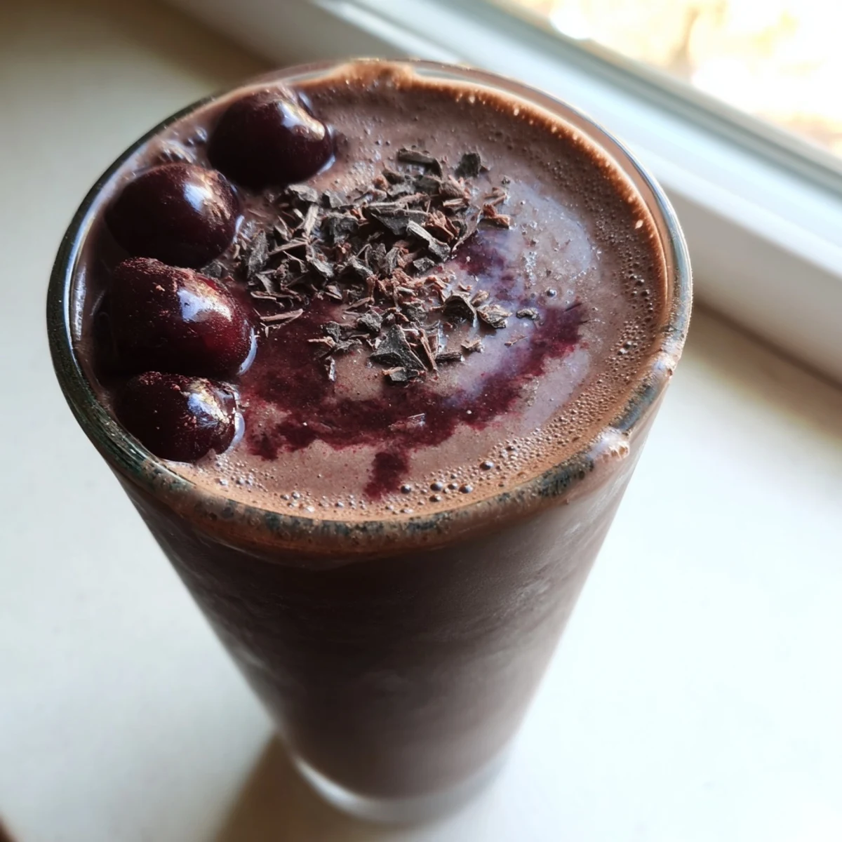 Thick chocolate cherry protein shake topped with fresh cherries in a tall glass