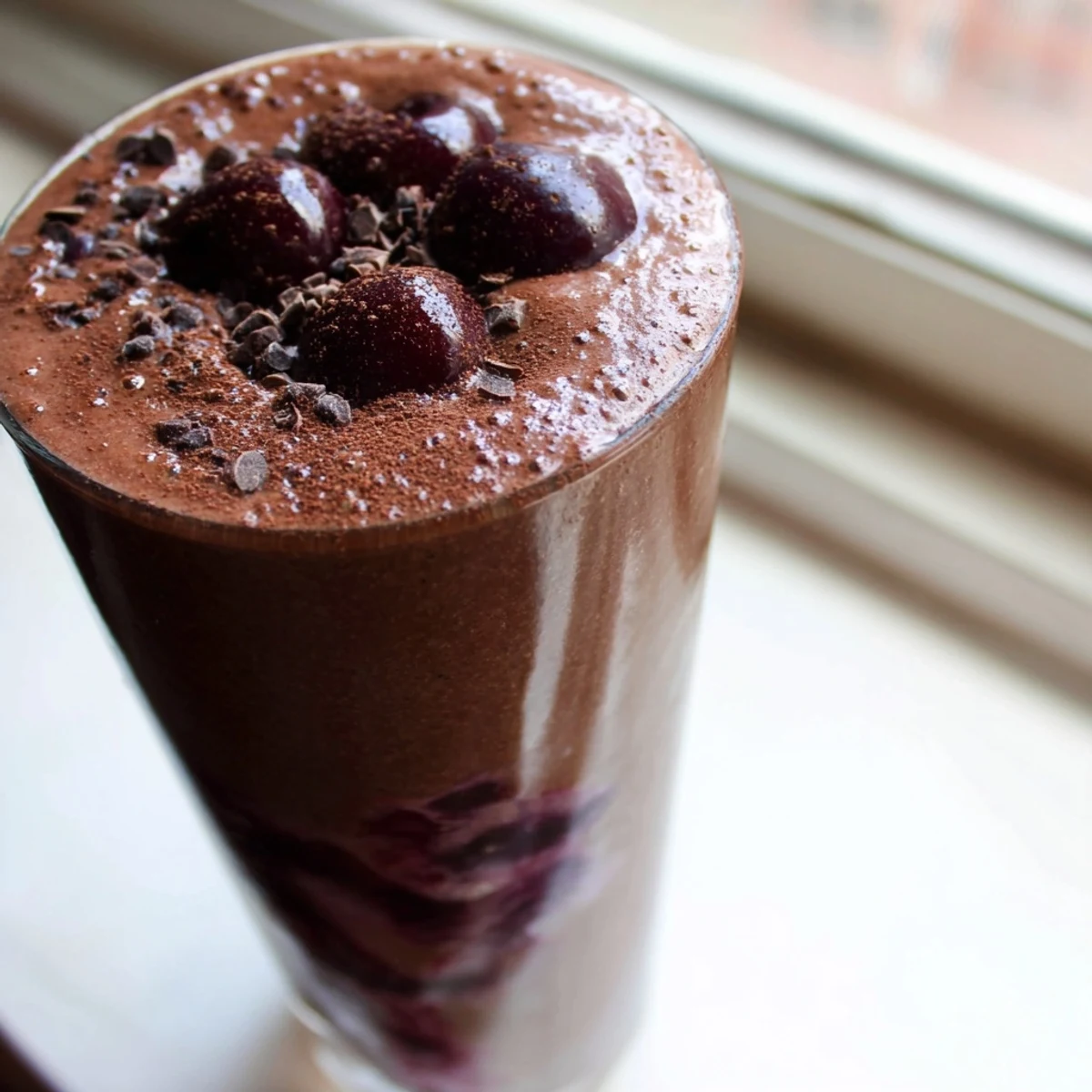 Rich chocolate cherry protein shake blended smooth with a vibrant purple-red color