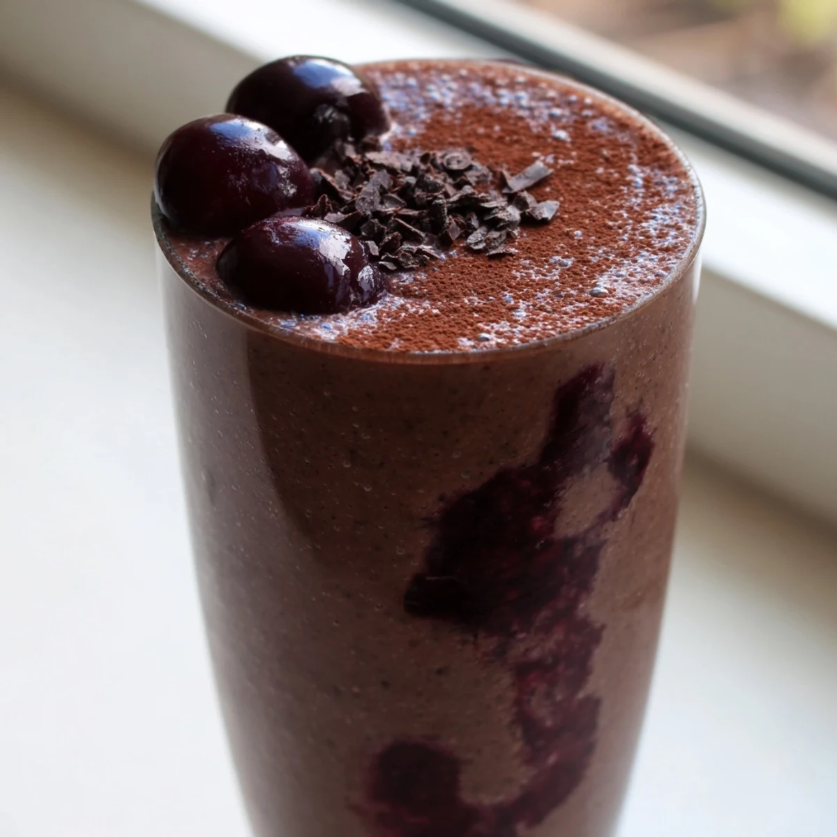 Creamy chocolate cherry protein shake garnished with cocoa powder and dark chocolate shavings