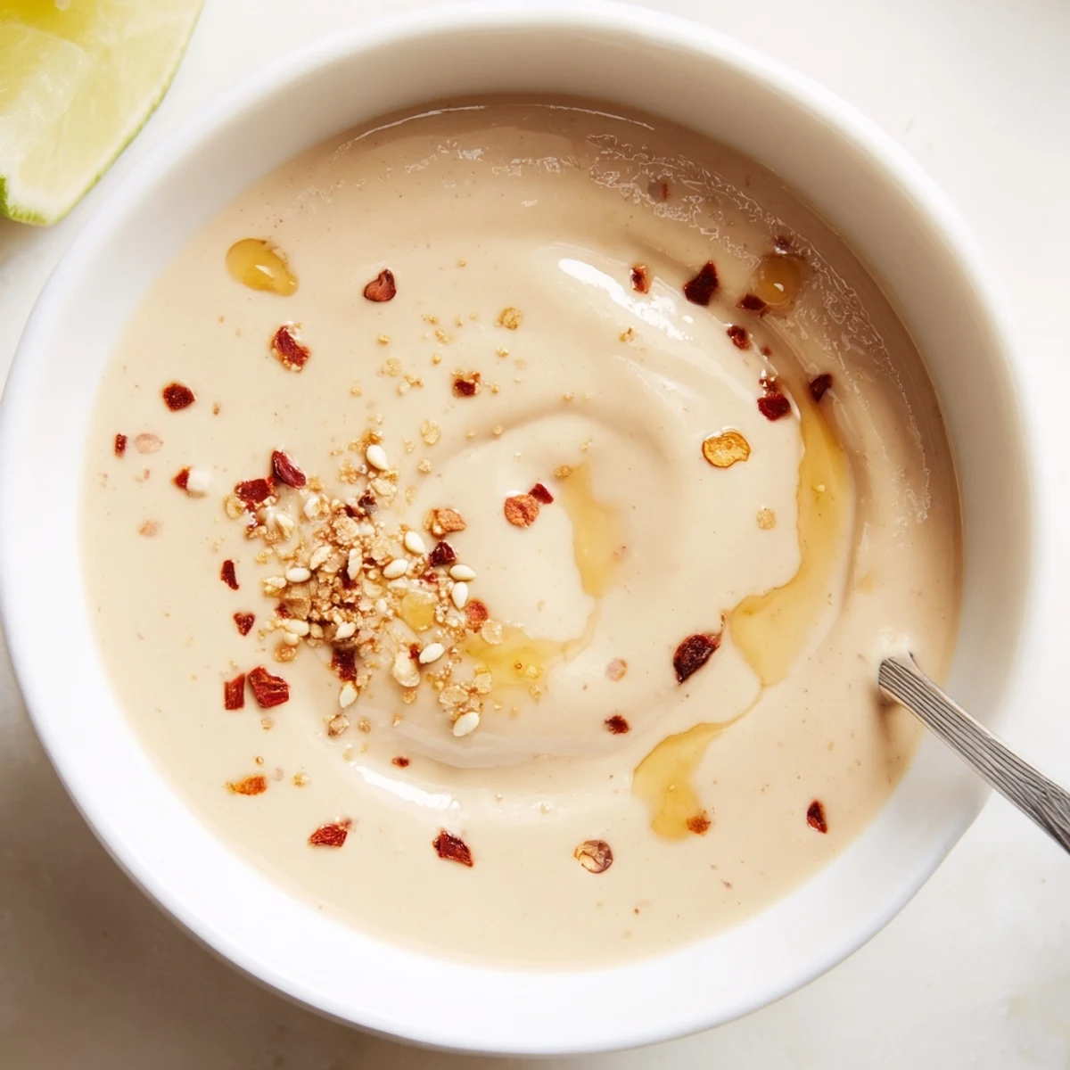 Creamy chili lime tahini sauce drizzled over a fresh grain bowl