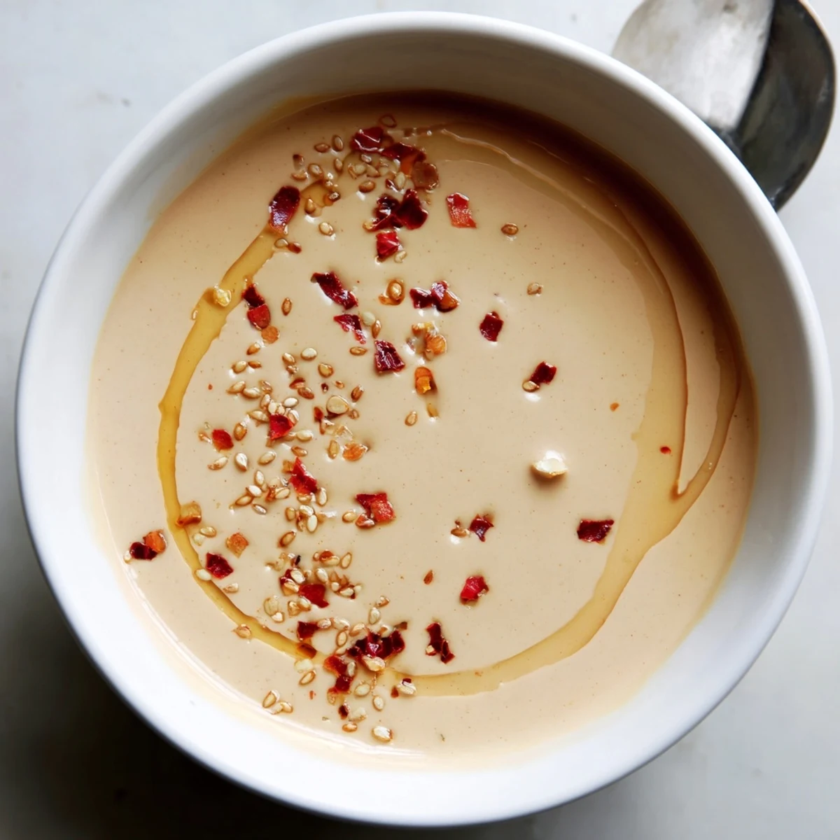 Thick, tangy chili lime tahini sauce in a small dipping bowl