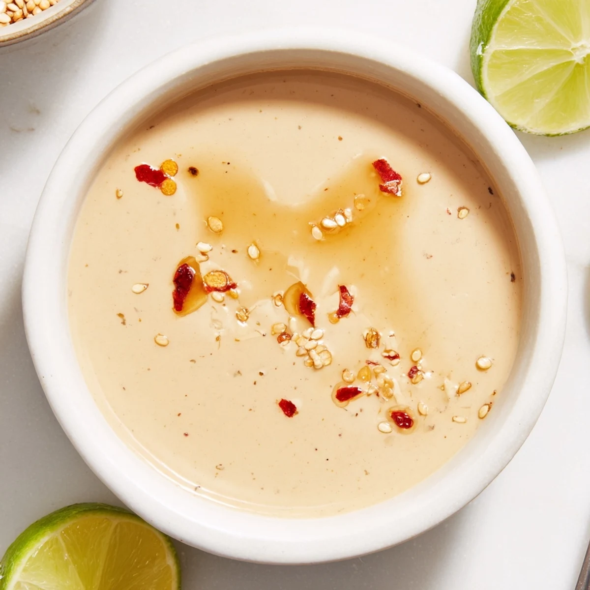 Smooth, golden chili lime tahini sauce poured across roasted vegetables