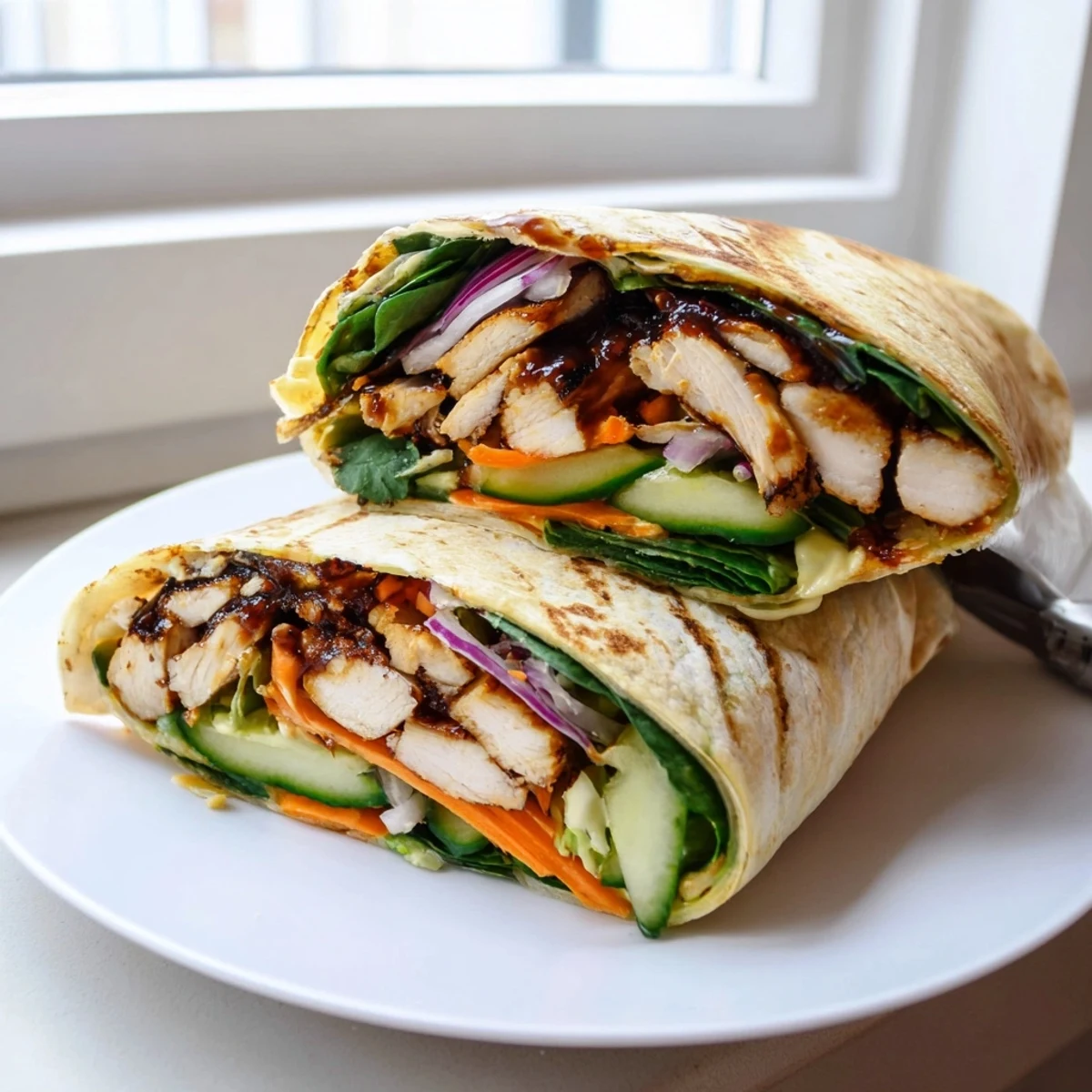 Vegemite charred chicken wrap filled with crisp vegetables and creamy dijon sauce