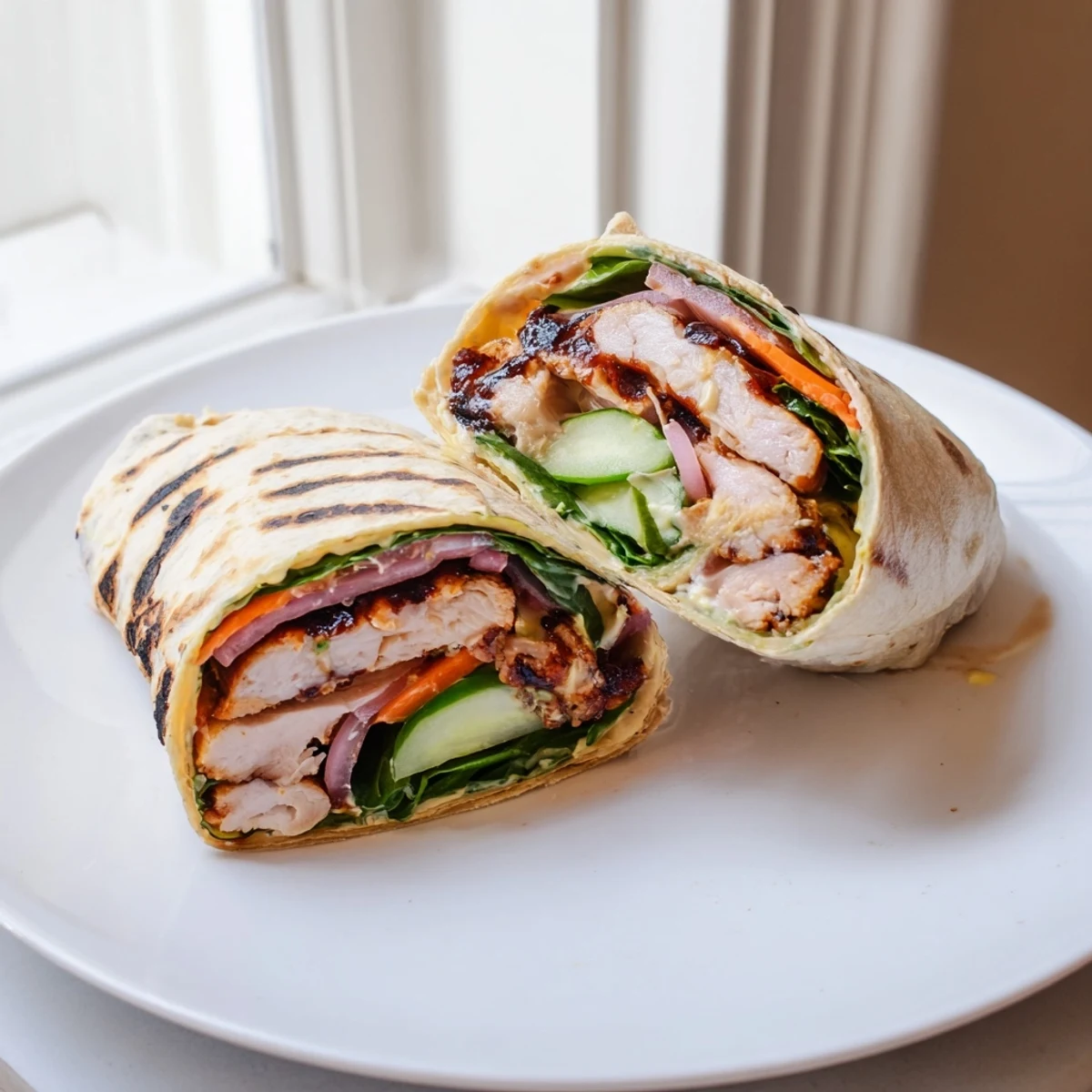 Smoky Vegemite charred chicken wrap garnished with fresh spinach and crunchy julienned carrots