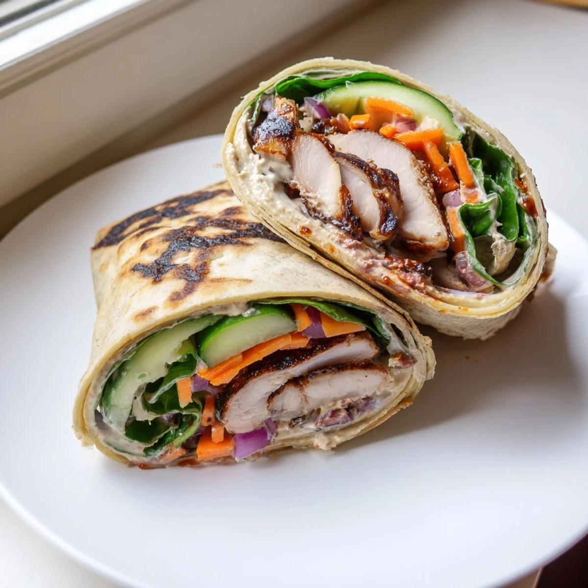 Golden grilled Vegemite charred chicken wrap sliced in half revealing juicy seasoned meat