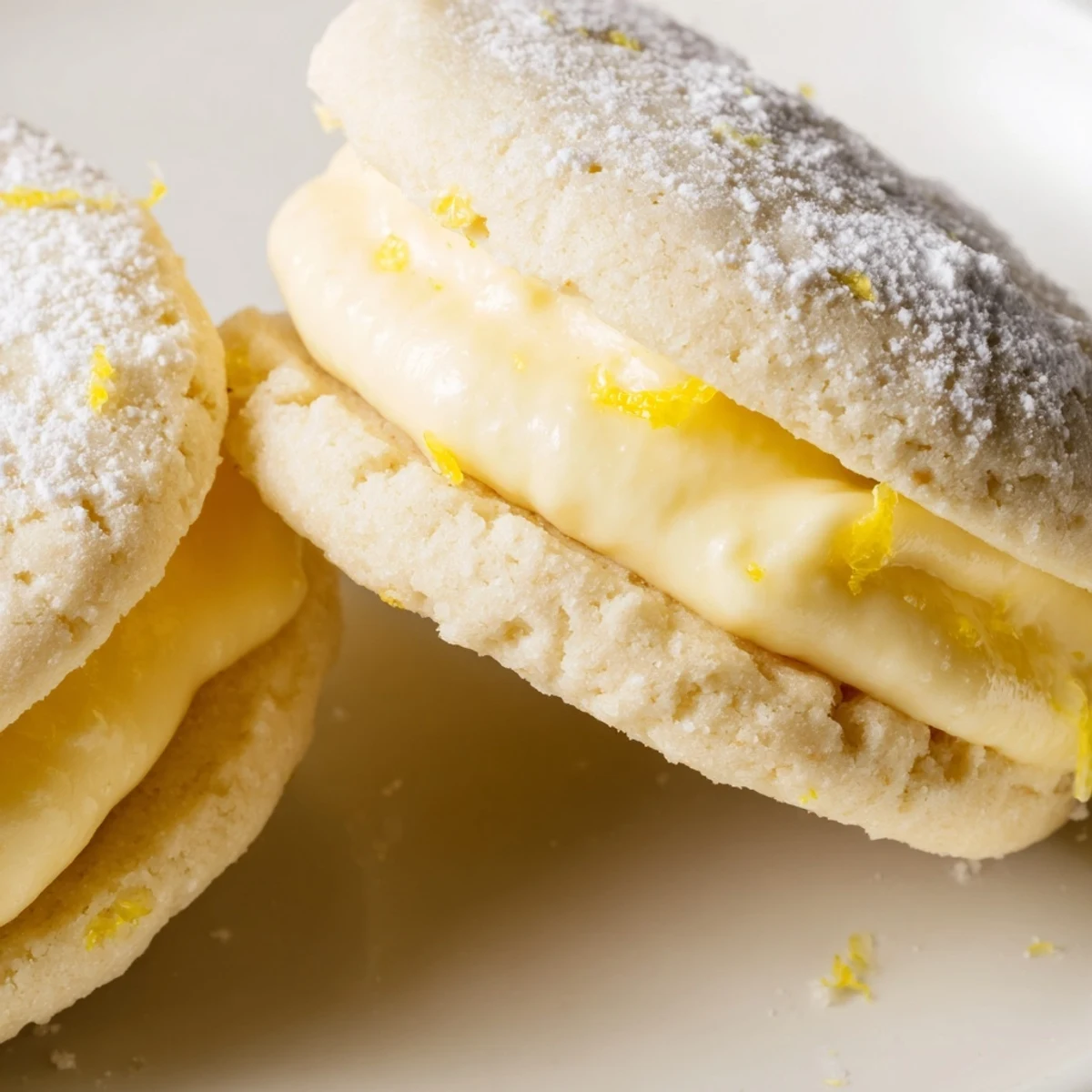 Golden vegan lemon sandwich cookies with creamy citrus filling on a rustic plate