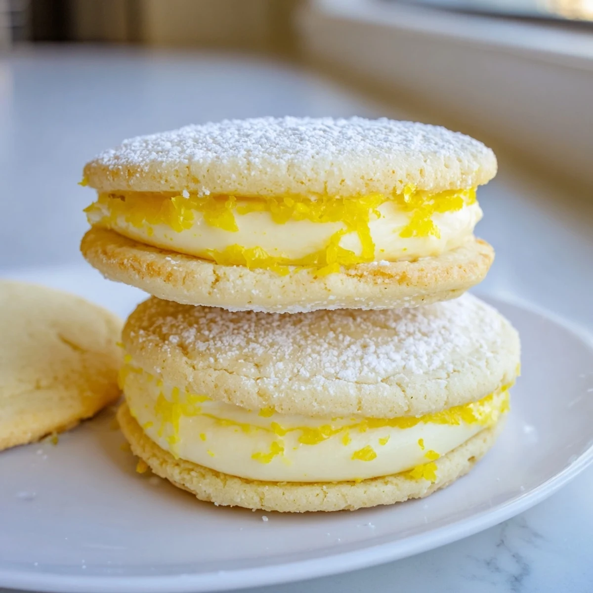 Close-up of vegan lemon sandwich cookies showing smooth tangy filling between buttery edges