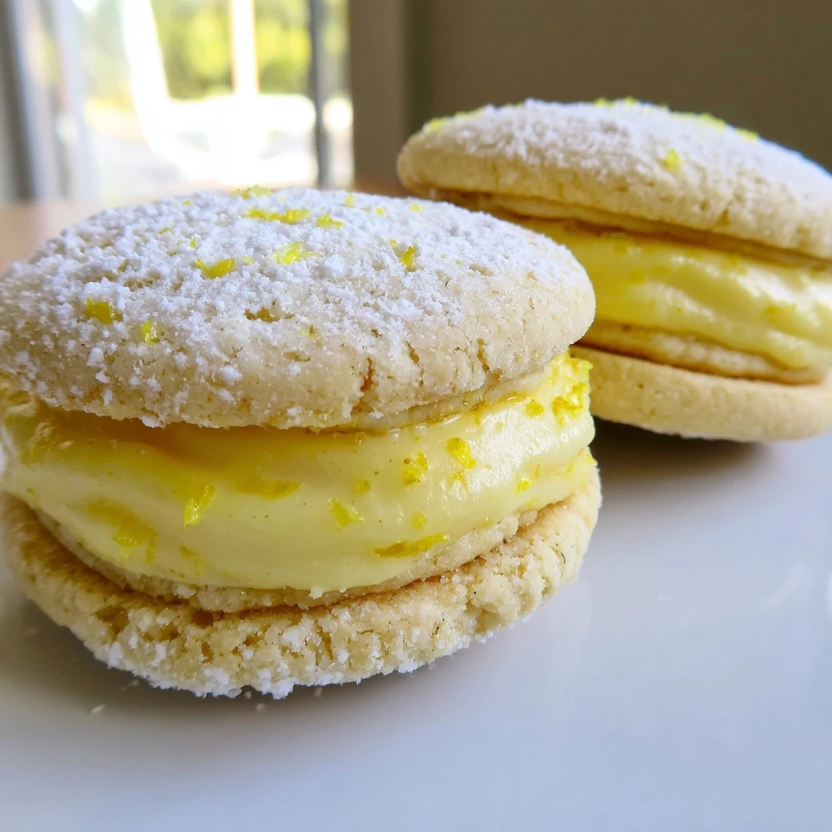 Bright vegan lemon sandwich cookies dusted with powdered sugar beside a steaming teacup