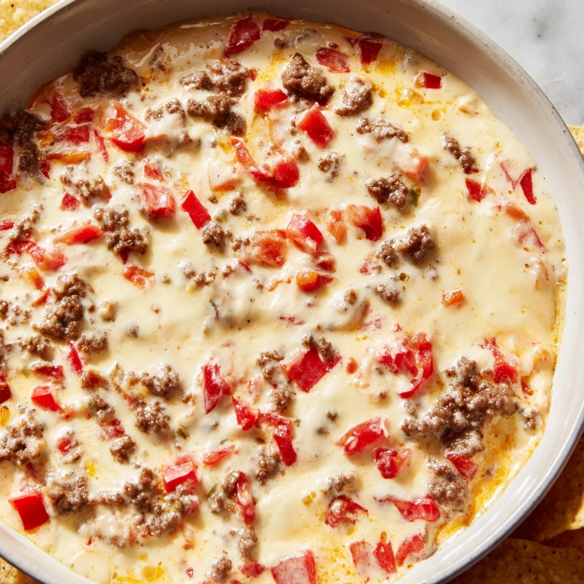 Bubbling Rotel Dip with melted cheese and tomatoes served with crispy tortilla chips
