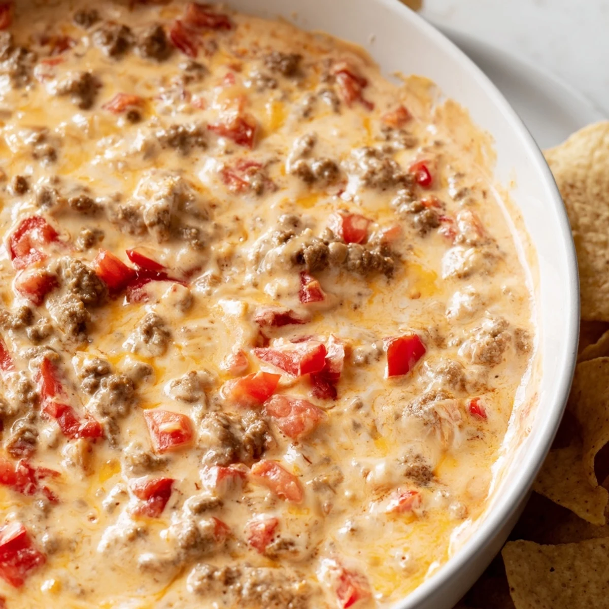 Creamy Rotel Dip drizzled in a cast iron skillet garnished with fresh cilantro