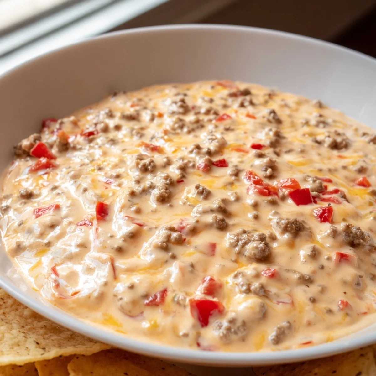 Golden Rotel Dip scooped up by a tortilla chip at a festive game day spread