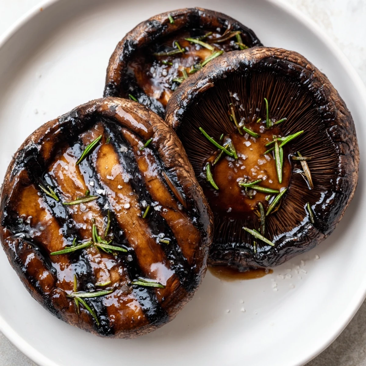 Juicy grilled Portobello steaks with charred edges resting on a rustic wooden cutting board
