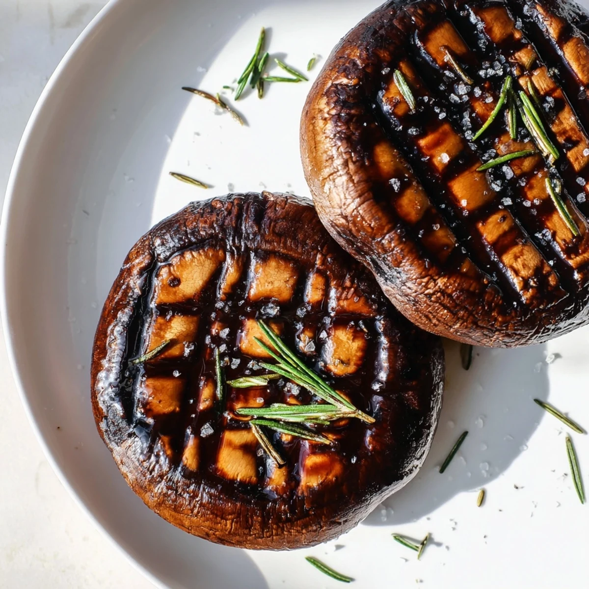 Thick marinated Portobello steaks basted in smoky balsamic glaze fresh off the grill