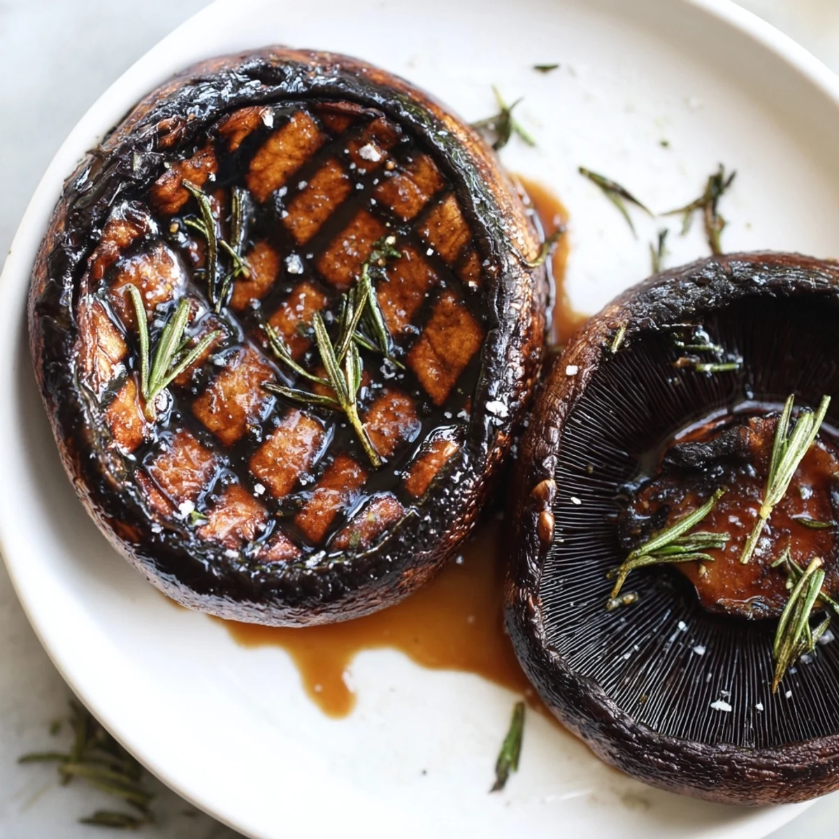 Tender Portobello steaks topped with fresh rosemary served alongside creamy mashed potatoes