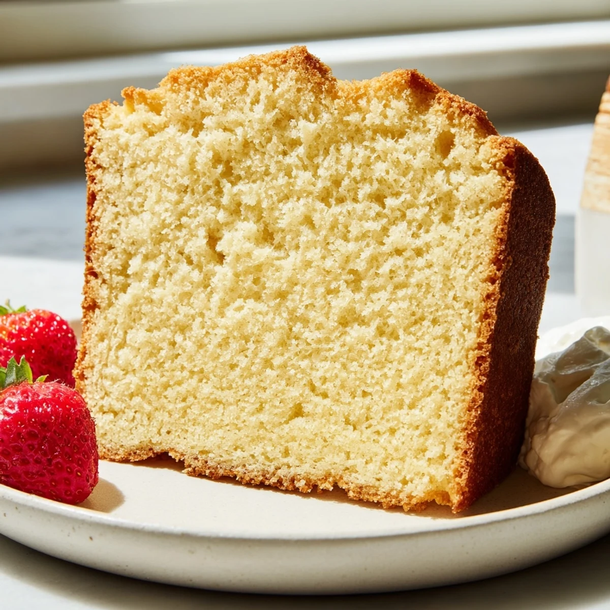 Golden pound cake slice with a tender buttery crumb on a rustic plate